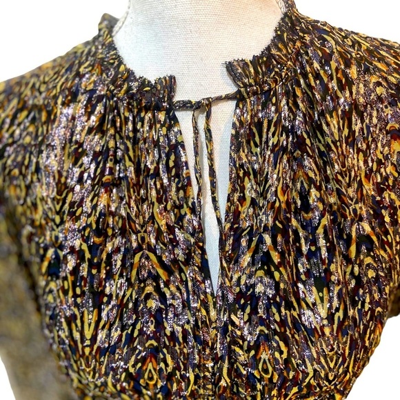 Ba&sh glen mini dress tiered skirt silk blend metallic long sleeve leaf print xs - Picture 9 of 15